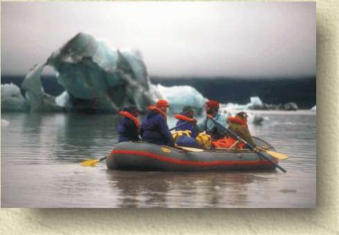 Maneuvering through floating icebergs on Miles Lake.